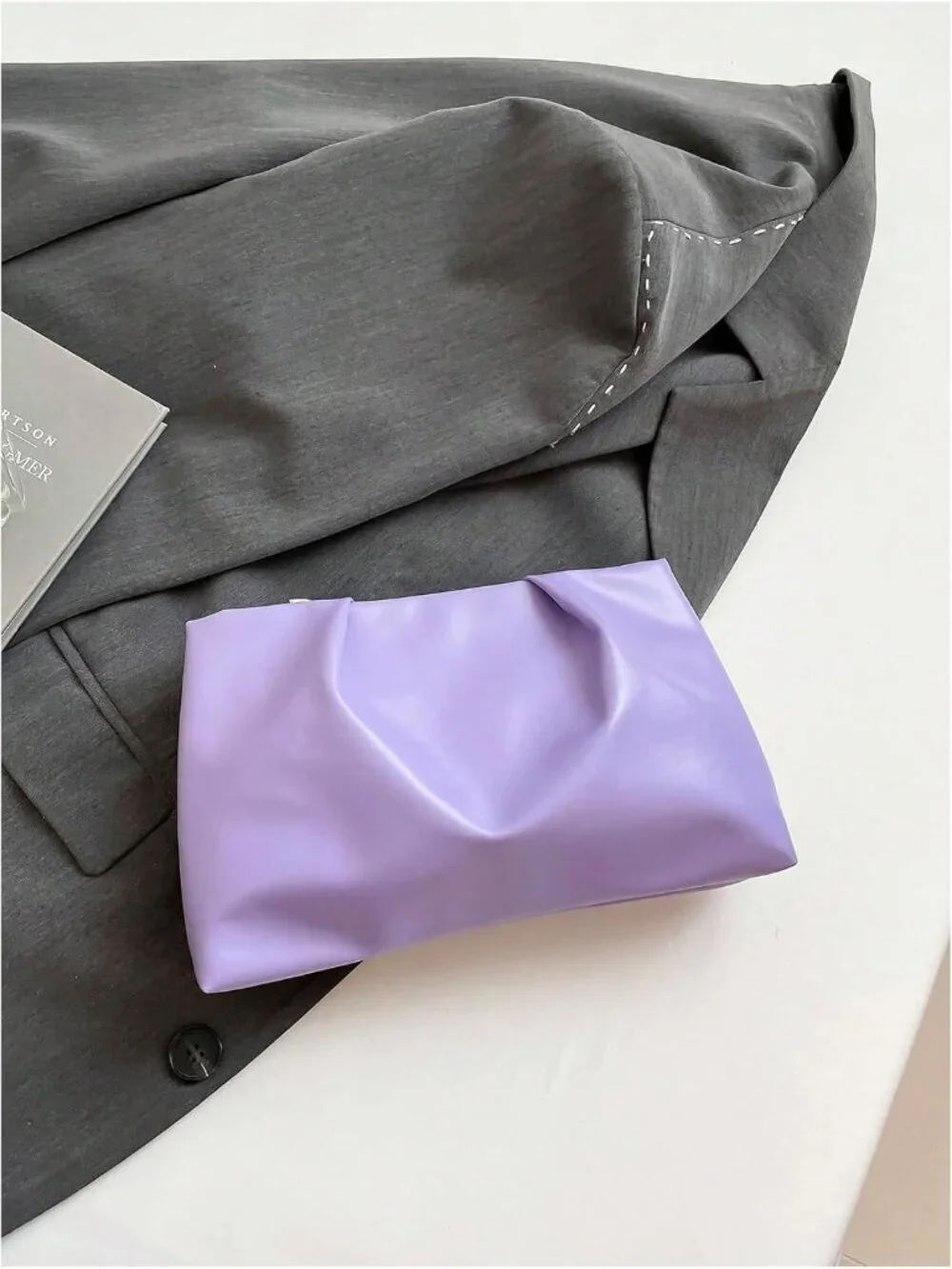 👜Women's Purple PU Leather Clutch Purses Small Zipper Elegant Ruched Handbag